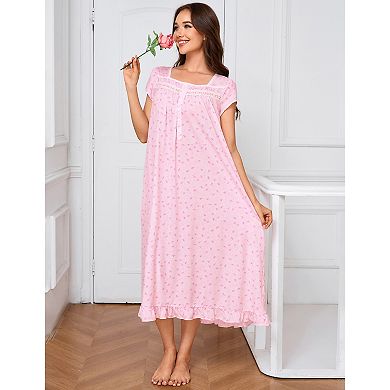 Nightgown for Women Short Sleeve Floral Nightdress with Pockets