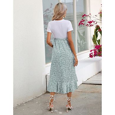 Women Maternity Floral Elastic Waist Split Ruffle Skirt