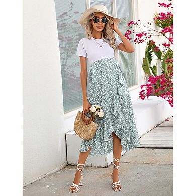 Women Maternity Floral Elastic Waist Split Ruffle Skirt
