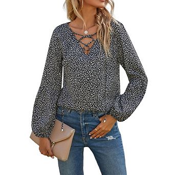 Womens Short Sleeve Casual Shirts Boho Floral Print Crisscross Tie V Neck Tops Loose Blouses