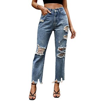 Women Ripped Jeans Straight Leg Distressed Denim Pants