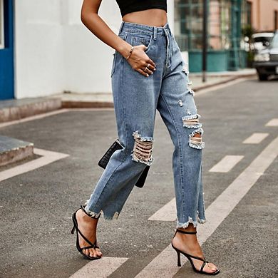 Women Ripped Jeans Straight Leg Distressed Denim Pants