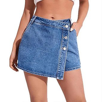 Women's High Waisted Button Front Denim Skort Asymmetrical Hem Skirt Shorts