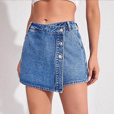 Women's High Waisted Button Front Denim Skort Asymmetrical Hem Skirt Shorts