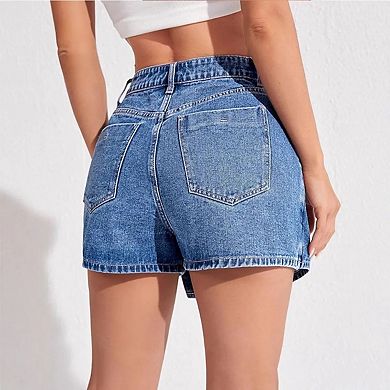 Women's High Waisted Button Front Denim Skort Asymmetrical Hem Skirt Shorts