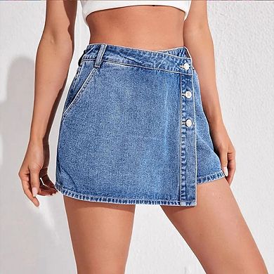 Women's High Waisted Button Front Denim Skort Asymmetrical Hem Skirt Shorts