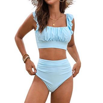 2 pc Swimsuit for Women Ruched Tummy Control Bathing Bikini Sets SquareNeck Tank Top with Bottom