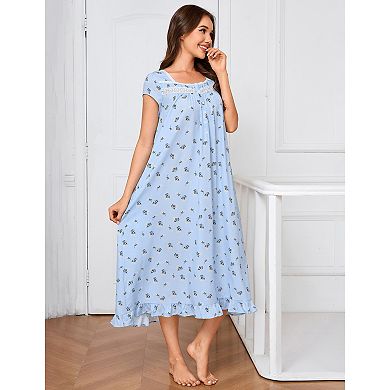 Nightgown for Women Short Sleeve Floral Nightdress with Pockets