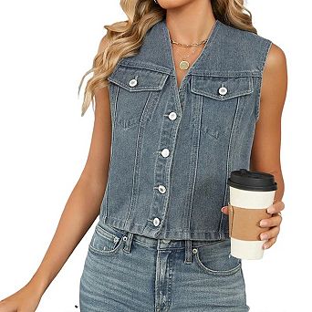 Denim Vest Top for Women V Neck Jean Vest Waistcoat Button Down Sleeveless Crop Denim Top