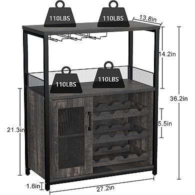 3-Tier Wine Bar Cabinet, with Extra Storage Industrial Sideboard and Buffet