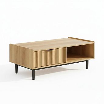 42.5" Fluted Coffee Table with Storage Drawer and Open Shelf, Modern Coffee Table for Living Room