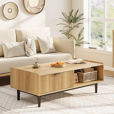 42.5" Fluted Coffee Table with Storage Drawer and Open Shelf, Modern Coffee Table for Living Room