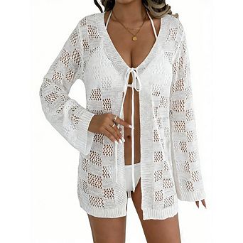 Womens Beach Crochet Cover Up Lightweight V Neck Mesh Long Sleeve Knit Cardigan for Pool Swimwear