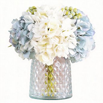 Artificial Silk Hydrangea with Glass Vase Home Office Decor
