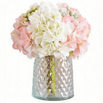 Artificial Silk Hydrangea with Glass Vase Home Office Decor