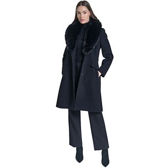 Women's Kenneth Cole Midi Plush Wool Coat with Faux Fur Collar