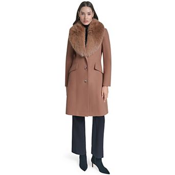 Women's Kenneth Cole Midi Plush Wool Coat with Faux Fur Collar