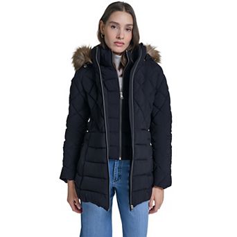 Women's Kenneth Cole Quilted Puffer Jacket with Faux Fur Trim Hood