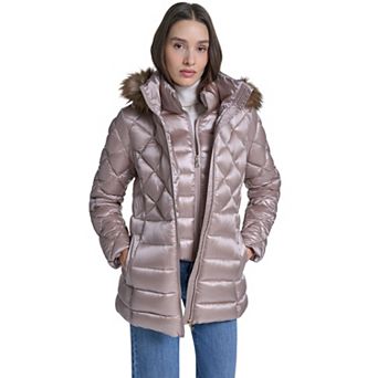 Women's Kenneth Cole Quilted Puffer Jacket with Faux Fur Trim Hood
