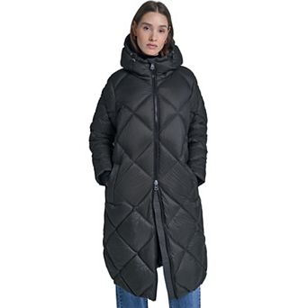 Women's Kenneth Cole Reaction Long Diamond Quilted Hooded Puffer Coat