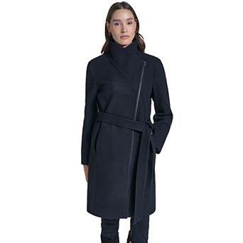 Women's Kenneth Cole Wrap Front Belted Coat with Asymmetrical Zip & Oversized Collar