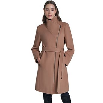 Women's Kenneth Cole Wrap Front Belted Coat with Asymmetrical Zip & Oversized Collar