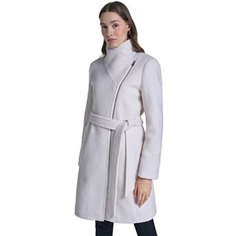 Women's Kenneth Cole Wrap Front Belted Coat with Asymmetrical Zip & Oversized Collar