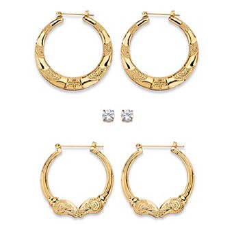 PalmBeach Jewelry 4 ct w Cubic Zirconia Goldtone 3-Pair Set of Stud and Textured Hoop Earrings 2"
