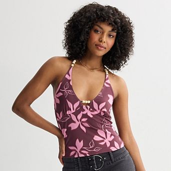 Juniors' Pink Republic Hardware Mesh Halter Top