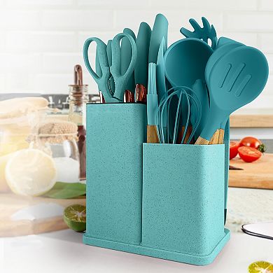 19 PCS Silicone Cooking Utensils Set with Wooden Handle & Knife Set Block