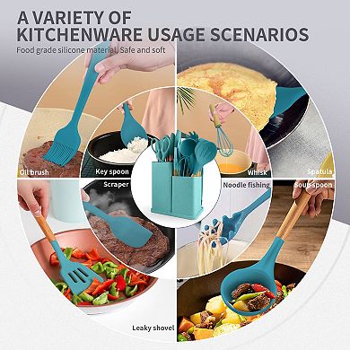 19 PCS Silicone Cooking Utensils Set with Wooden Handle & Knife Set Block