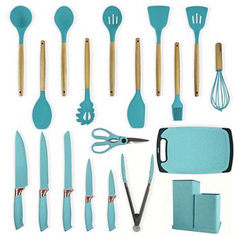 19 pc Silicone Cooking Utensils Set with Wooden Handle & Knife Set Block