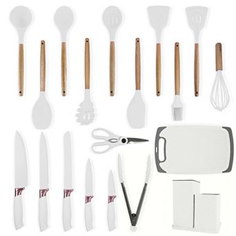 19 pc Silicone Cooking Utensils Set with Wooden Handle & Knife Set Block