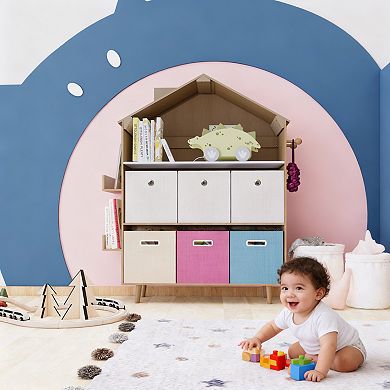 Kids Dollhouse Bookshelf, Wooden Bookcase Storage , 3-Tier Open Display Organizer