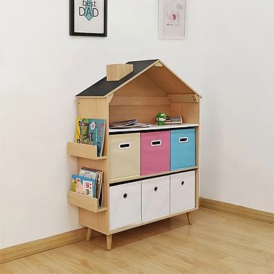 Kids Dollhouse Bookshelf, Wooden Bookcase Storage , 3-Tier Open Display Organizer