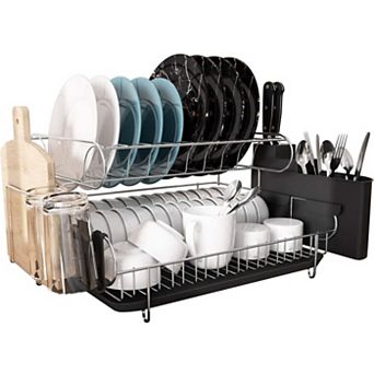 Double Tier Stainless Steel Dish Rack With Drainboard Set And Utensil Holder