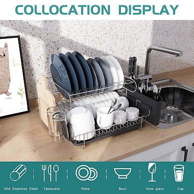 Double Tier Stainless Steel Dish Rack With Drainboard Set And Utensil Holder