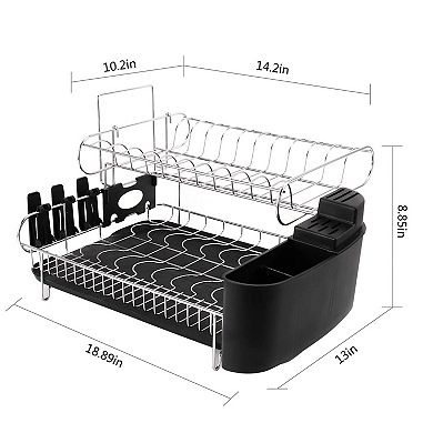 Double Tier Stainless Steel Dish Rack With Drainboard Set And Utensil Holder