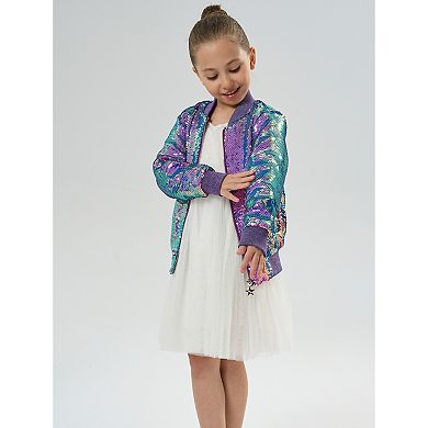 Girls’ Mystic Mermaid Sequin Bomber Jacket with Glitter Trim