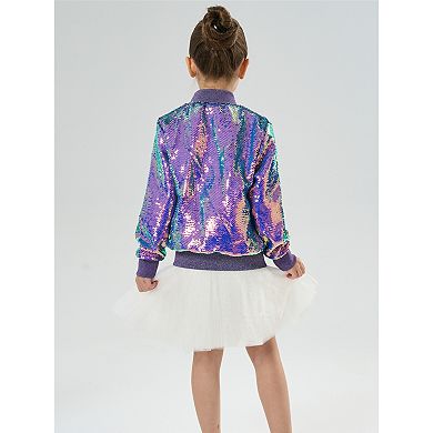 Girls’ Mystic Mermaid Sequin Bomber Jacket with Glitter Trim