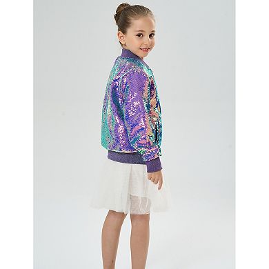 Girls’ Mystic Mermaid Sequin Bomber Jacket with Glitter Trim