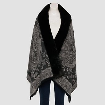 Women's Nine West Floral Brocade Wrap With Faux Fur Trim