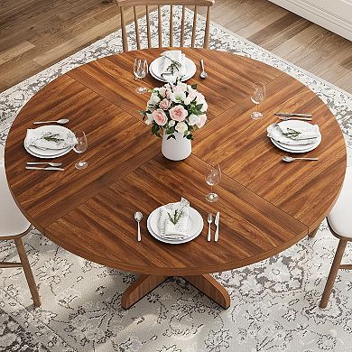 47in Round Dining Table for 4-6, Farmhouse Wood Top Stable Legs (Table Only)