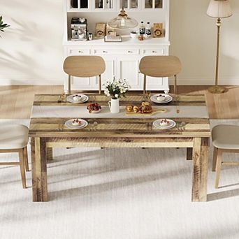 71" Rustic Brown Farmhouse Dining Table for 6-8, Triangle Legs