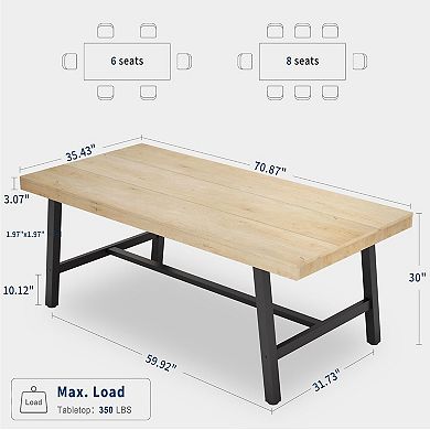 Industrial Farmhouse Dining Table for 6-8, Rustic Wood Top Black Metal Frame
