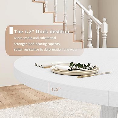 47" Round Farmhouse Dining Table for 4-6, Wood Top Sturdy Pedestal Base