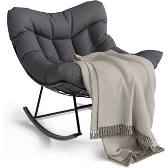 Outdoor Rattan Egg Papasan Rocker, Sturdy Metal Frame Patio Lounge Chair
