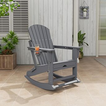 HDPE All-Weather Adirondack Outdoor Rocking Chair, 2 cup Holders & Retractable Ottoman