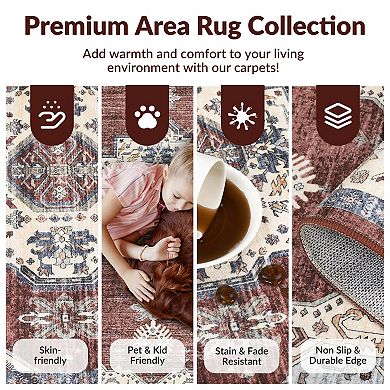 Vintage Area Rug Non Slip Foldable Low Pile Pet Friendly Vacuum Clean Carpet for Laundry Kitchen
