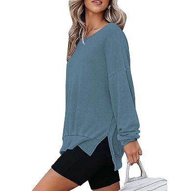 Women's Long Sleeve Oversized Waffle Knit Crewneck Sweatshirts Casual Tops